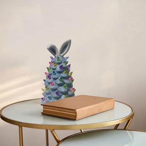 Lighted Easter Ceramic Bunny Tree Decoration,Easter Rabbit Figurines with Colorful Lamp Beads & Bunny Ear, Spring Decor Figurine Night Light for Home, Tabletop Holiday Decorations Gifts (19.5CM/A)