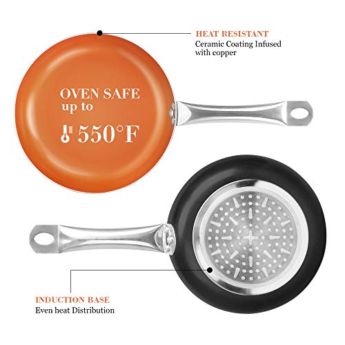 SHINEURI Nonstick Ceramic Copper 10 Pieces Cookware Set, Aluminum Pots and Frying Pans Set, Steamer and Sauce pan with Stainless Steel Handle & Lid, Suitable for Induction, Gas, Electric and Stovetops