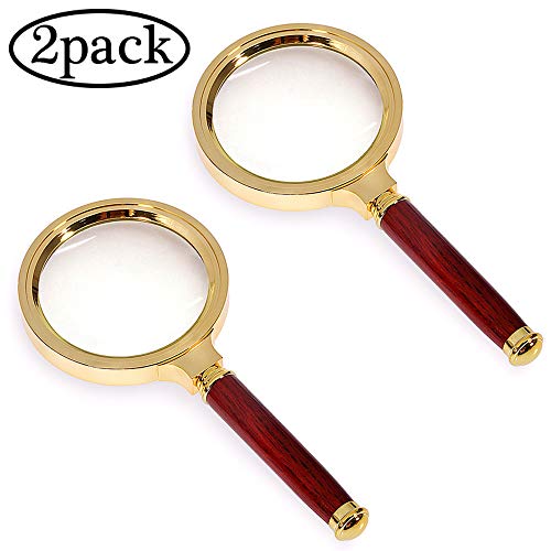 Magnifying Glass 6X + 8X Magnification Magnifier Handheld Magnifier for Science, Reading Book, Inspection.Pack of 2 (Gold)