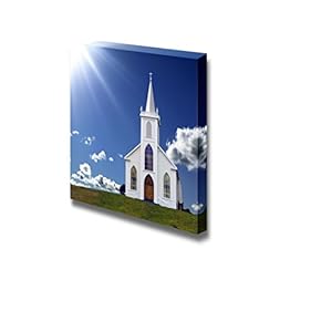 Beautiful Landscape Scenery Sun Rays Shining Down on a Small Christian Church on a Hill - Canvas Art Wall Art - 12" x 12"