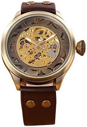 GuTe Steampunk Retro Brass Automatic Mechanical Watch Unisex Luminous Burgundy PU