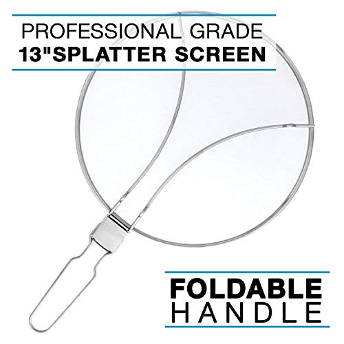 U.S. Kitchen Supply 13" Stainless Steel Fine Mesh Splatter Screen with Folding Handle and Resting Feet - Use on Pots and Pans - Grease Oil Guard for Safe Cooking