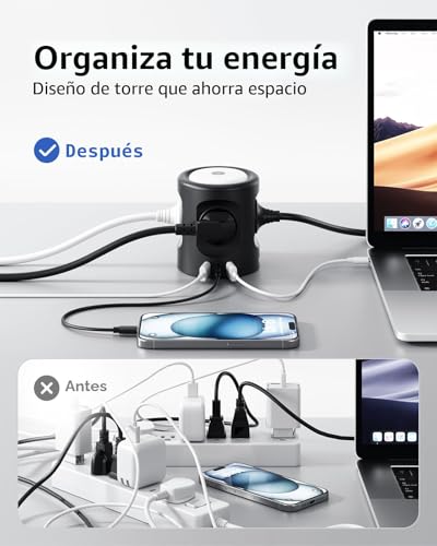 Cube Power Strip Sockets with LED Night Lights 3 Lighting Modes, 4 AC Outlets with 3 USB, 16 A Extension Socket 2M, Thief Sockets with Switch for Home Office Multiple Plug