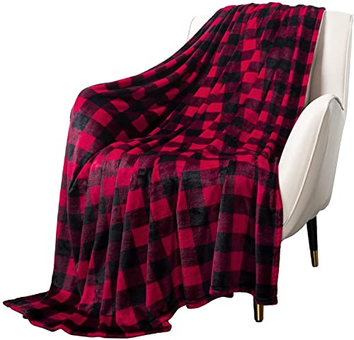 MACEVIA Flannel Fleece Twin Blanket - Buffalo Plaid, Fuzzy Cozy Comfy Super Soft Fluffy Plush Checkered Blanket for Bed, Sofa - 260GSM (Red Black Checkered, 80x60inches)