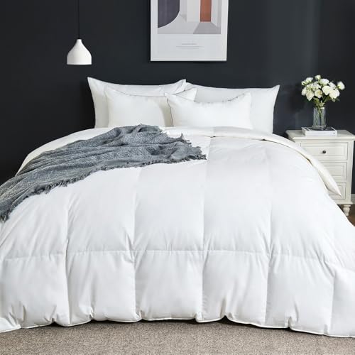 Photo 1 of Goose Feather Comforter California King Size, 100% Cotton Duvet Insert All Season White Bed Comforter Quilted with 8 Loops Hotel Luxury Fluffy Duvet Insert, 104 x 96 Inch, Machine Washable