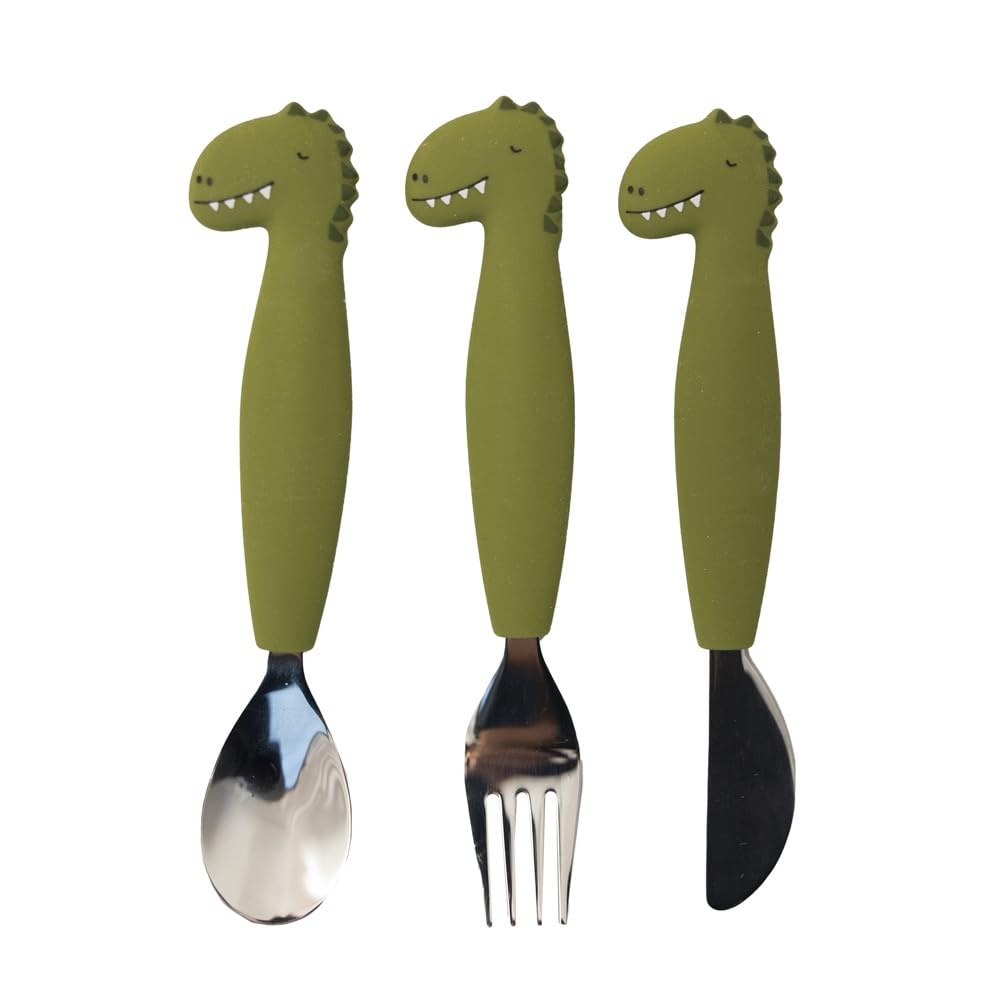 Trixie Silicone Cutlery Set 3-Pack Mr. Dino - Toddler Utensils - Soft, Durable, and Easy-to-Grip Spoon, Knive and Fork Set - Safe Tableware for Kids Learning to Eat