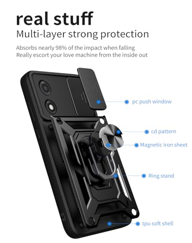 UPLAI Case for Motorola Moto E13 4G, Ultra Slim Anti-Shock Armor Case with Slide Camera Cover and Stand Magnetic Ring, PC+TPU Durable Case Case.Black