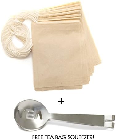 Natural, Unbleached Empty Drawstring Tea Filter Bags w/ Free Tea Bag Squeezer | Biodegradable Paper Tea Bags for Loose Leaf Tea 3.5" x 2.5" | Pack of 60+1 Bags