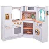 KidKraft Ultimate Corner Wooden Play Kitchen with Lights & Sounds, Play Phone and Curtains, White