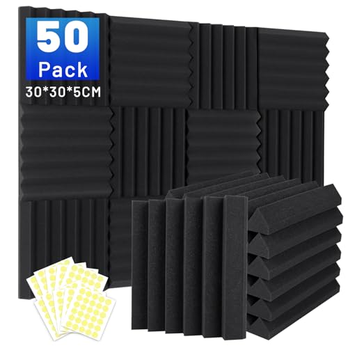 50 Pack Sound Proofing Panels, 2" X 12" X 12" Acoustic Foam Wall Panels, Soundproofing Wedge Panels, Sound Absorption Wall Panels, Sound Proof Panels for Studio, Home, Office, With Double Sided Tape