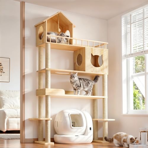 Homiflex Wood Cat Tree for Automatic Litter Box, 74.4" Tall Cat Tower for Self…