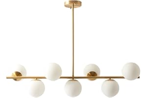 KCO Lighting Modern Brass Linear Chandelier Pendant Light 7-Lights Gold and White Glass Pendant Lighting Mid Century Globe Dining Light Fixture for Living Room Kitchen
