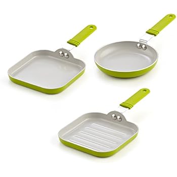 Cook N Home 02583 5.5-Inch Nonstick Ceramic Mini Fry, Griddle, Grill 3-Piece Pan Set, Green