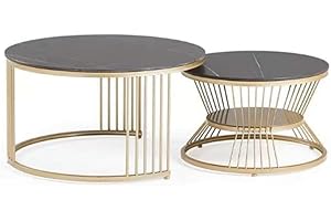 Modern Round Nesting Coffee Tables Set of 2, Black Marble Top with Gold Metal Frame, 80cm and 60cm
