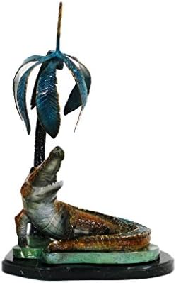 Genuine Bronze Statue Cast in Original Lost Wax Method- Crocodile Head Up on Marble Base - Special Patina 9"L x 12"W x 22"H