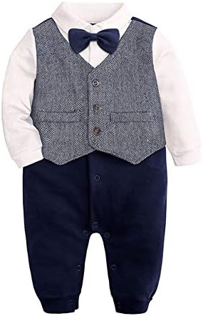 Newborn Baby Boys Long Sleeve Tuxedo Plaid Gentleman Formal Suit Jumpsuit Overall Romper Wedding Outfit