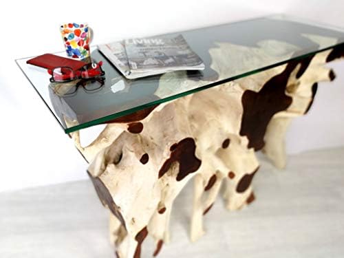 Reclaimed Teak Root Solid Hardwood Console Computer Large Table, Unique And Beautiful Hand Crafted Designer Furniture With Toughened Glass Top