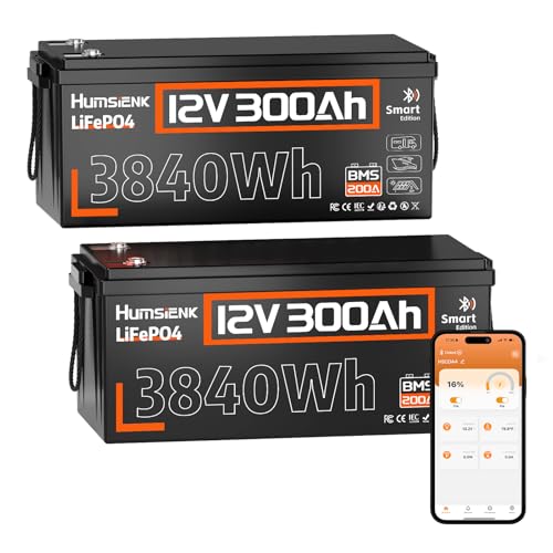 HumsiENK 12V 300Ah LiFePO4 Battery 2-Pack, 7680Wh Deep Cycle Lithium Battery with Bluetooth, Low-Temp Protection, 200A BMS (2560W Output), 15000 Cycles for RV, Solar, Marine and Off-Grid