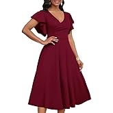 MarryUP Women's Cocktail Midi Dress Elegant V Neck Ruffle Short Sleeve Wrap Wedding Guest Semi Formal A Line Dress