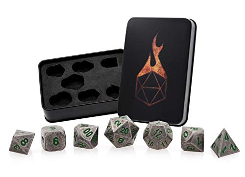 Forged Dice Co. Metal Dice Compatible with RPG games like Dungeons and Dragons, DnD, and Pathfinder (Iron Moss w/ Green Numbers Set of 7 Polyhedral w/ Tin, Set of 7 Polyhedral w/ Tin) - Thumbnail 6