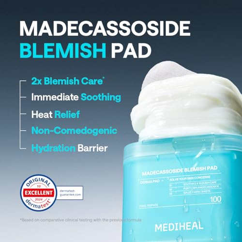 MEDIHEAL Madecassoside Blemish Toner Pads for Face – Korean Skin Care, 98% Pure Madecassoside with Centella Asiatica Complex, Blemish Marks, Redness & Dark Spot Care, Gauze Fabric, 100 Pads