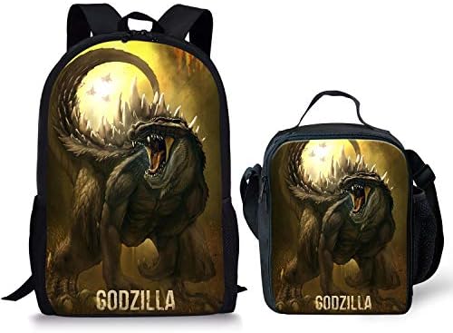 GePrint Godzilla Pattern Children Schoolbags with Lunch Bag Toddler School Backpack