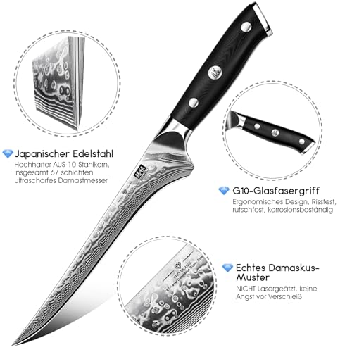SHAN ZU Damask Filleting Knife 18 cm Kitchen Knife, Boning Knife Made of 67 Layers of Japanese Damascus Steel, Professional Fish Fillet Knife, Sharp Fish Knife with Ergonomic G10 Handle - PRO Series
