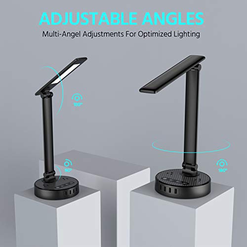 LED Desk Lamp Light with 4 Fast USB Charging Port and 2 AC Power Outlet, 4 Levels Brightness, 6FT Extension Cord, Touch Dimmer Control, 8W Eye-Caring Table Lamp for Bedside Office Hotel Dorm