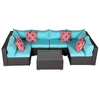 Do4U Patio Sofa 7-Piece Set Outdoor Furniture Sectional All-Weather Wicker Rattan Sofa Turquoise Seat & Back Cushions, Garden Lawn Pool Backyard Outdoor Sofa Wicker Conversation Set (7555-Turquoise)