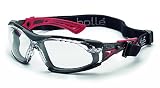 Bolle Safety Rush+ Safety Glasses with Assembled Foam and Strap, Black & Red Frame, Clear Lenses