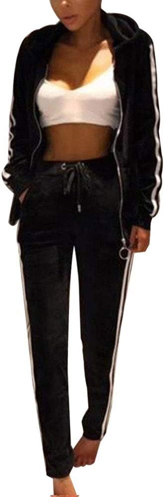 Womens 2PCS Tracksuit Set Velour Stripe Zipped Hoodie Jogging Suit Women Pyjama Set Loungewear Long Sleeve