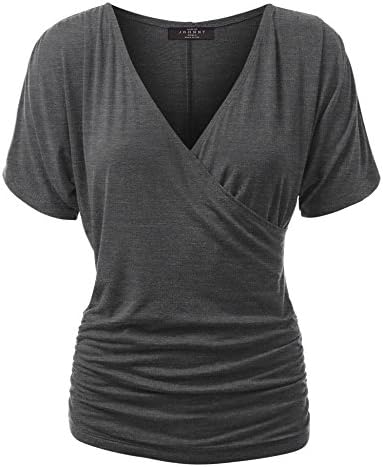 MBJ WT1118 Womens V Neck Short Sleeve Wrap Front Drape Dolman Top XXL HEATHER_CHARCOAL