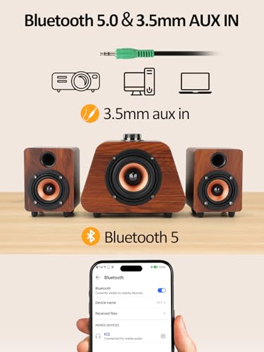 Senmeki Computer Speakers, Mini PC Speaker with Subwoofer, Desktop 2.1 USB Powered Speakers, Bluetooth 5.0 and RCA Input for PC, Laptops, Turntable, Phones, Tablets (K02)