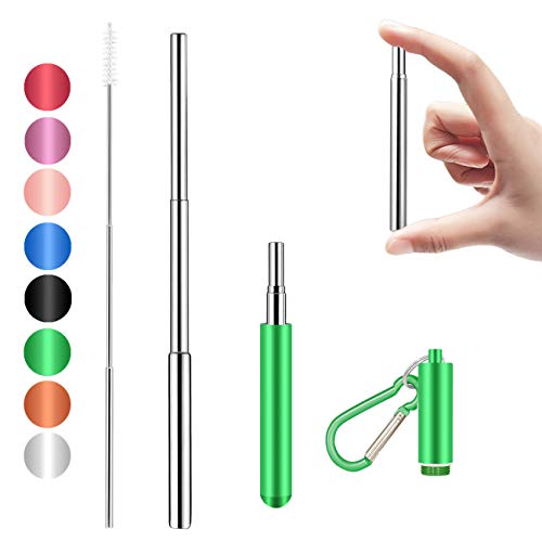 Senneny Telescopic Reusable Straws Stainless Steel Metal Drinking Straw Portable Collapsible Straw with Travel Case Cleaning Brush Keychain (Green)