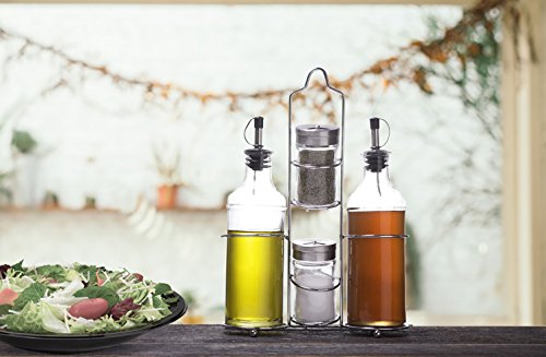 Palais Glassware 5 Piece Oil, Vinegar,Salt and Pepper Cruet Set with a Caddy - 14 Oz. Bottles - 3 Oz. Shakers