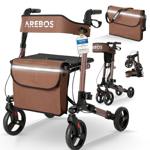 Arebos Leichtgewicht Rollator Aluminium | Reiserollator 6-fach höhenverstellbar | Faltbar | Inkl.Stockhalter und abnehmbare Einkaufstasche | Gehwagen