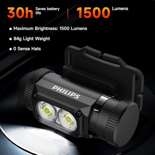 PHILIPS SFL3255 Lampara de Cabeza Recargable LED, 1500 Lúmenes con imán, Linterna Multifunción de 6 Modos, Frontal USB, Resistente al Agua, Headlamp Ideal Para Campismo, Pesca y Senderismo