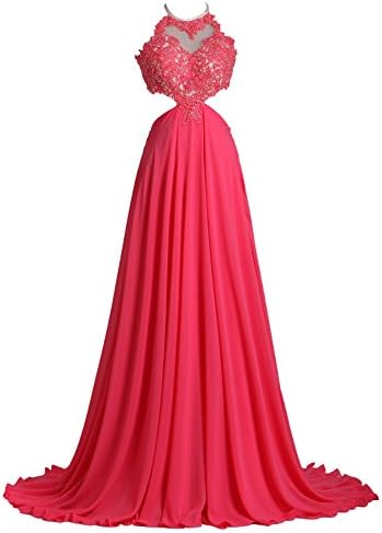 TrendProm Women's Prom Dresses Halter Chiffon A Line Sweep Train Evening Dresses Size 10 US Water Melon