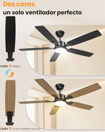 Airwit Ventilador de Techo 52 Pulgadas, Abanicos de Techo de 5 Aspas con Luz y Control Remoto, Motor Silencioso Reversible, Negro