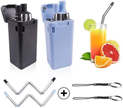 2 Pack Collapsible Reusable Straw Stainless Steel Folding Drinking Straws Portable Straw with Cleaning Brush & Hard Protect Case for Outdoor Travel Household Party (Black&Blue)
