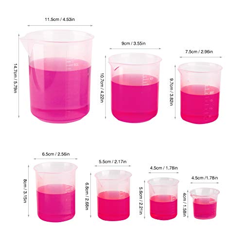 Wellish 7pc Plastic Lab Beaker Polypropylene Lab Measuring Cup with Spout Molded Graduation 25ml/50ml/100ml/l50ml/300ml/500ml/1000ml Volumetric Beaker Container for Laboratory Chemical Pharmacy School