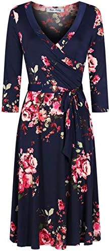 BodiLove Women's Silky Polyester Stretchy Fabric 3/4 Sleeve V-Neck Printed Knee Length Faux Wrap Dress