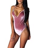 OQC Women's Plunge V Neck Backless Strap Tight Velvet Bodysuit Jumpsuit Leotard, Pink, Small