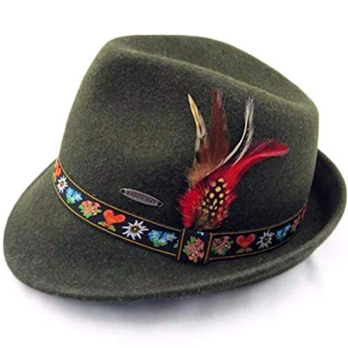 Essence of Europe Gifts E.H.G German Themed Quality Bavarian Alpine 100% Wool Green Fedora Hat Medium for Men & Women with Deluxe Embroidered Band & German Oktoberfest Costume Brand
