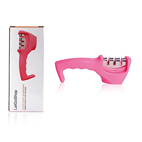 LetGoShop Kitchen Knife Sharpener for Straight and Serrated Knives, 3 Stage Diamond Coated Sharpening Wheel System, Pink…