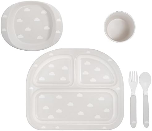 Kindsgut Tableware Set for Babies and Small Children, Plate with Subdivision, Small Bowl, Fork and Spoon, Mug, Children's Tableware in Simple Design and Discreet Colours, Clouds Light Grey