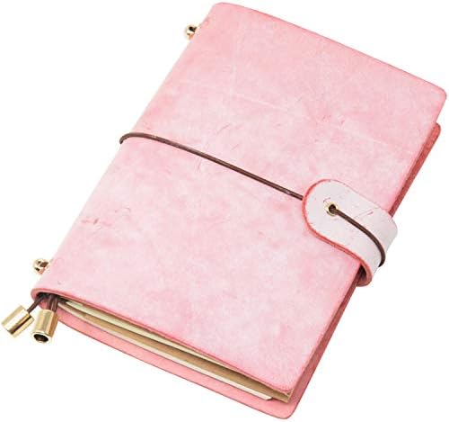 Leather Journal, Handmade refillable Travelers Notebook as a Diary or Life Planner for Men or Women, with 3 Writing Notepads/Pocket Size/Pink