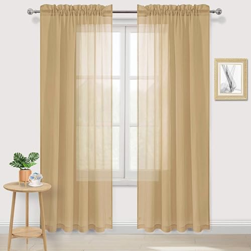 DWCN Taupe Sheer Curtains Semi Transparent Voile Rod Pocket Curtains for Bedroom and Living Room, 52 x 90 inches Long, Set of 2 Panels