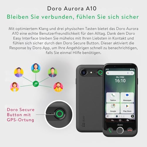 - Aurora A10 Mobiltelefon - Senioren-Smartphone - Einfach zu bedienen - Assistenz-Taste mit GPS-Ortung - Hörgeräte-kompatibel - Inklusive USB-Kabel - Weiß