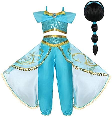 TiiMi PartyJasmine Costume for Girls Arabian Sequined Princess Dress Up Princess Jasmine Cosplay Costumes for Girls Blue
